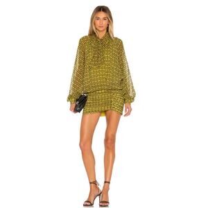 NEW L’Academie Mini Dress Womens Small Yellow Chain Print Tie Neck Chic Designer